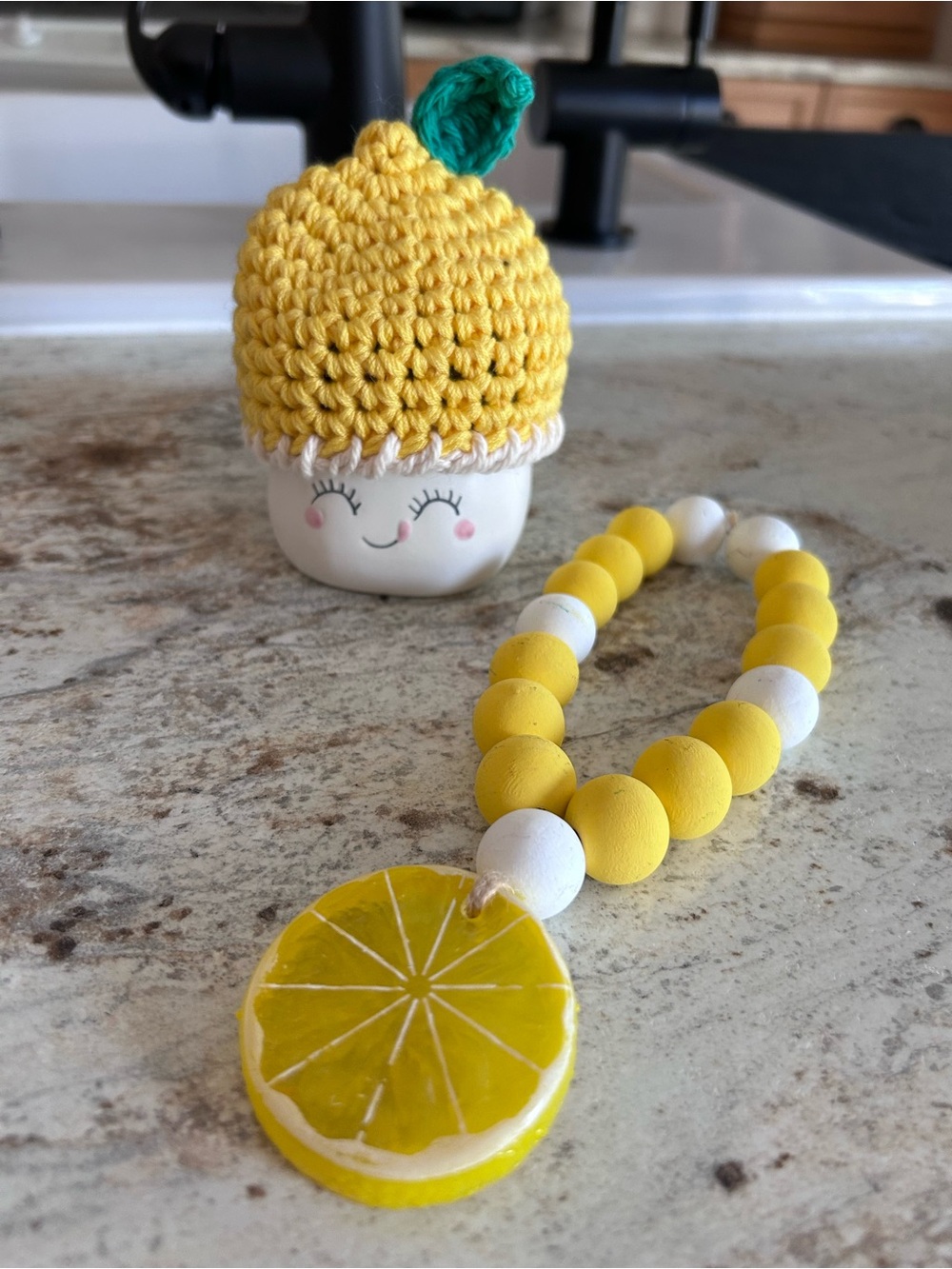 Handmade Lemon Bead decor with Yellow Crochet Lemon Topper